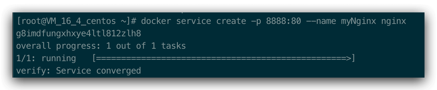 docker service create -p 8888:80 --name myNginx nginx